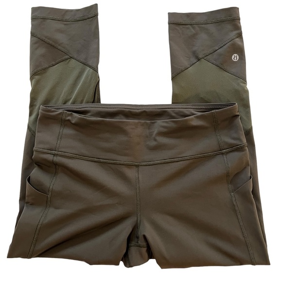Lululemon Olive Green Cropped Mesh Leggings 8 Athletic yoga running - Picture 1 of 15